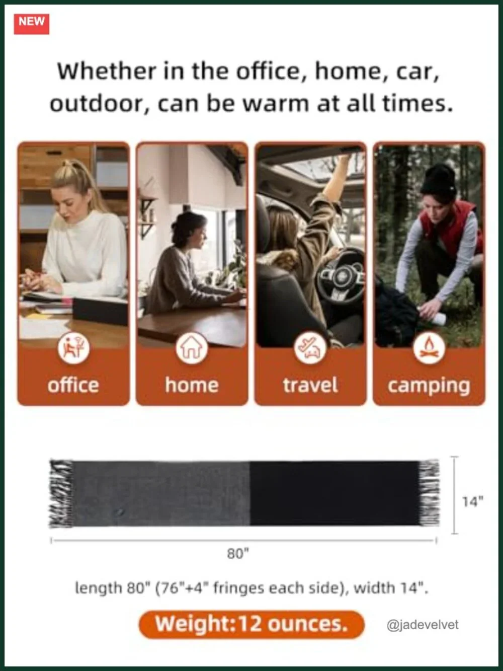 Rechargeable Heated Scarf 5000mAh 3 Heat Settings Cashmere Polyester
